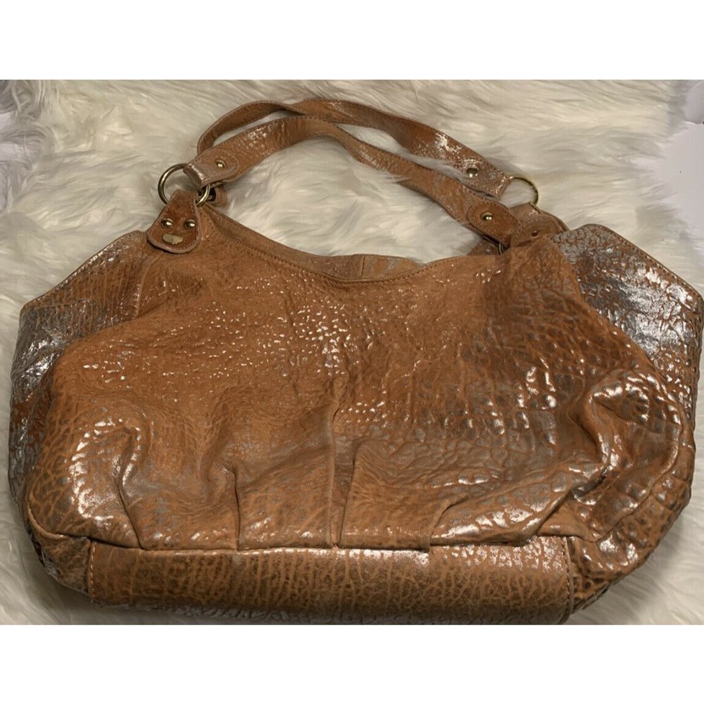 CYNTHIA ROWLEY Large Tan & Silver Splash Italian Pebbled Leather Hobo Tote Purse